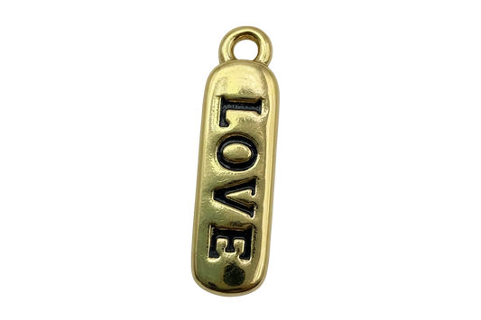 Polished gold rounded-rectangle tag with raised LOVE lettering