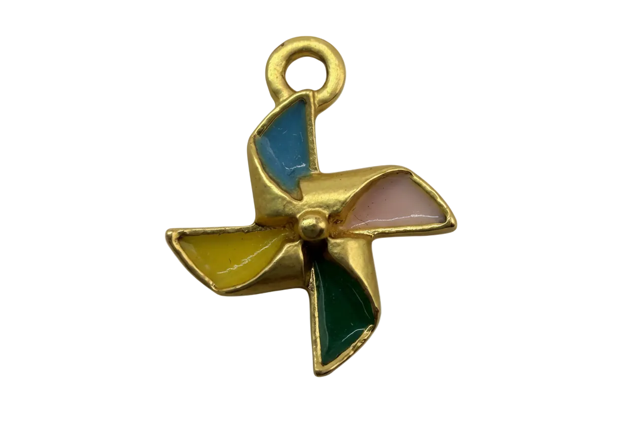 Gold pinwheel charm with glossy multicolor enamel blades in blue, pink, yellow, and green