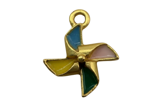 Gold pinwheel charm with glossy multicolor enamel blades in blue, pink, yellow, and green