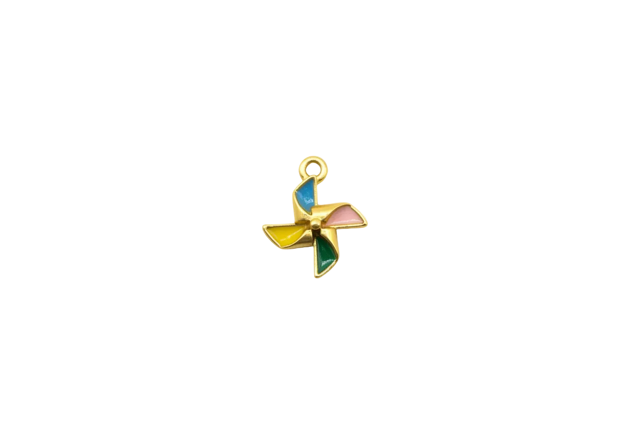 Gold pinwheel with multicolor enamel blades