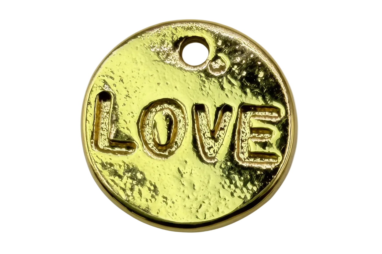 Gold round disc with raised LOVE lettering and textured glossy finish
