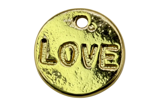 Gold round disc with raised LOVE lettering and textured glossy finish
