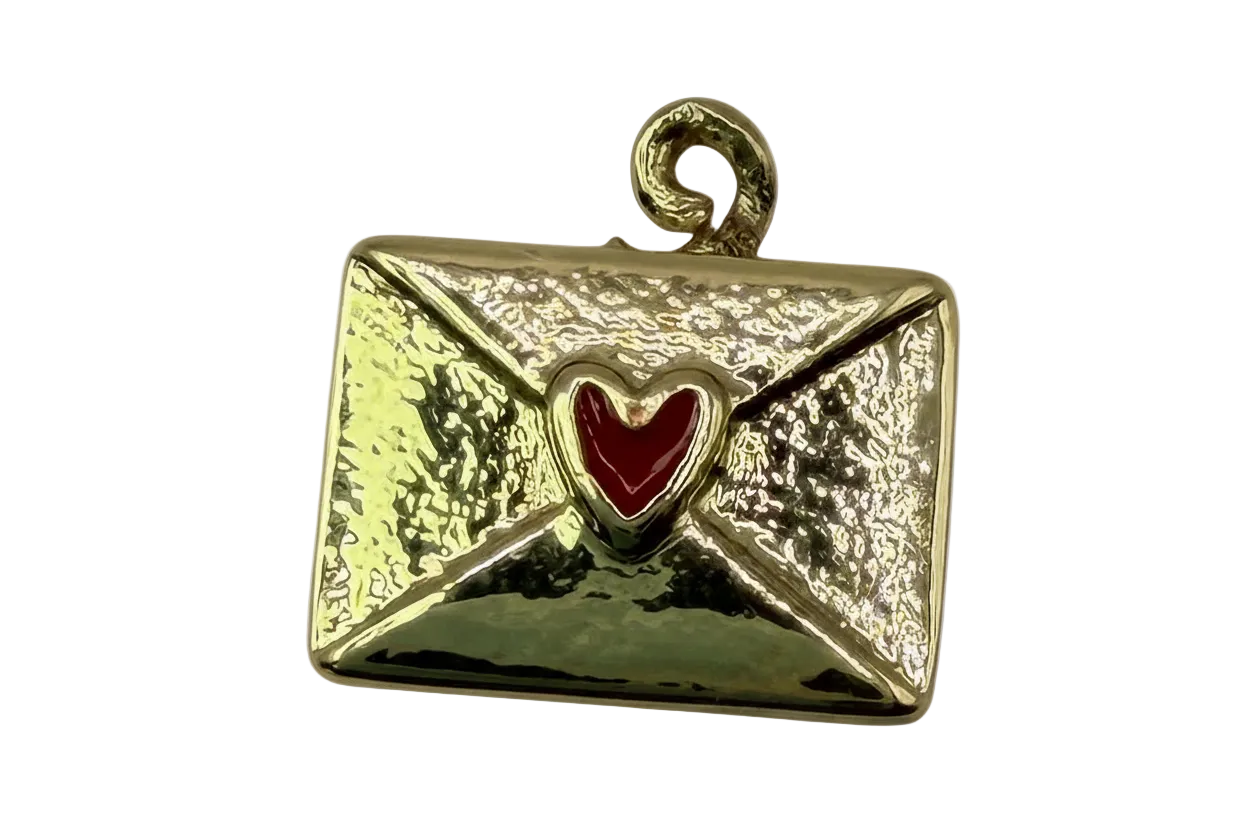 Gold envelope charm with deep red heart seal and glossy textured finish