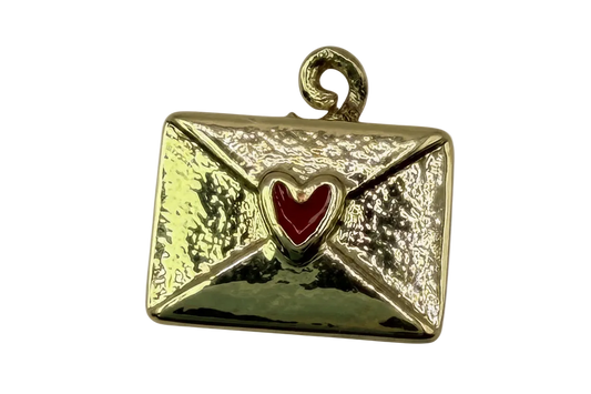 Gold envelope charm with deep red heart seal and glossy textured finish