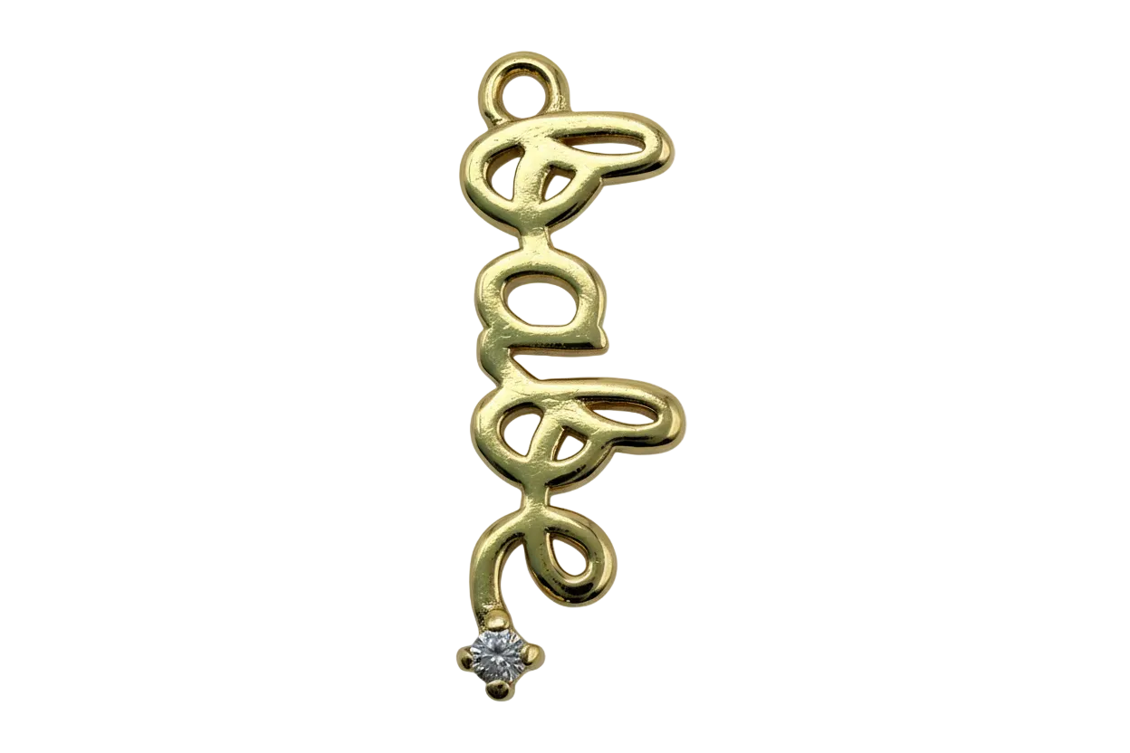 Gold script love word charm with openwork lettering and a small clear gemstone accent
