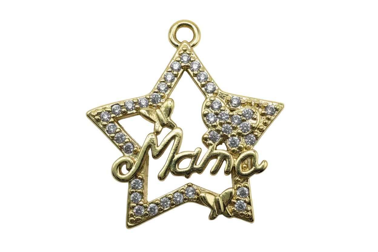 Gold star frame with pavé clear gems and raised Mama script detail
