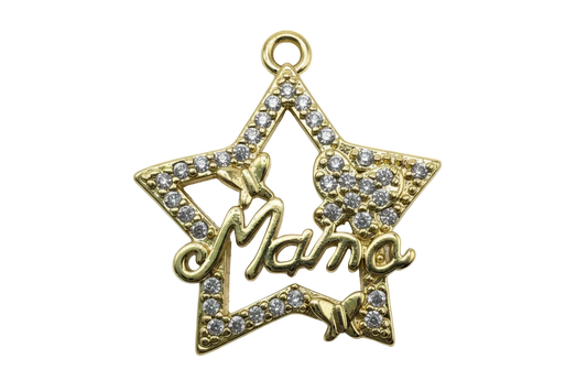 Gold star frame with pavé clear gems and raised Mama script detail