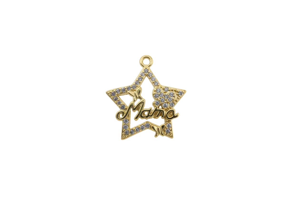 Gold pavé star with Mama script and clear gems