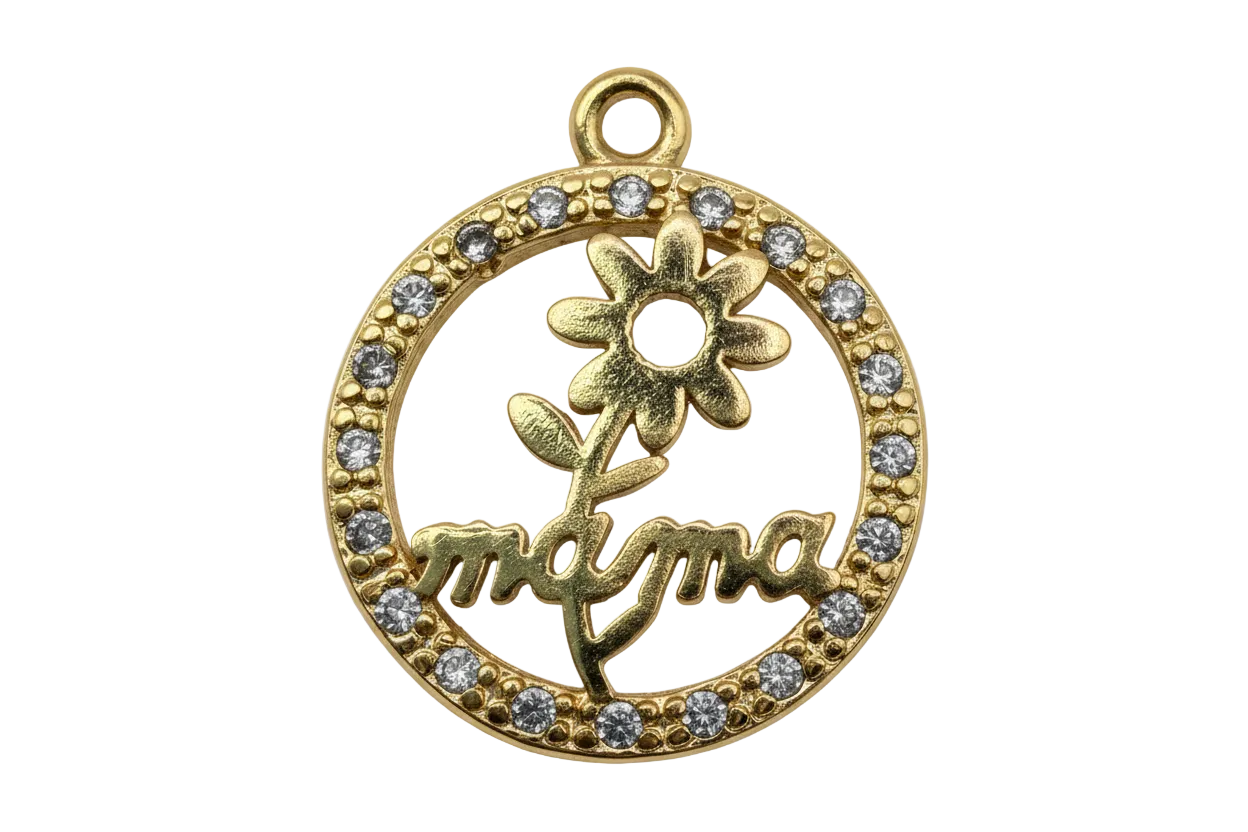 Gold round mama flower medallion with clear crystal accents