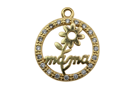 Gold round mama flower medallion with clear crystal accents