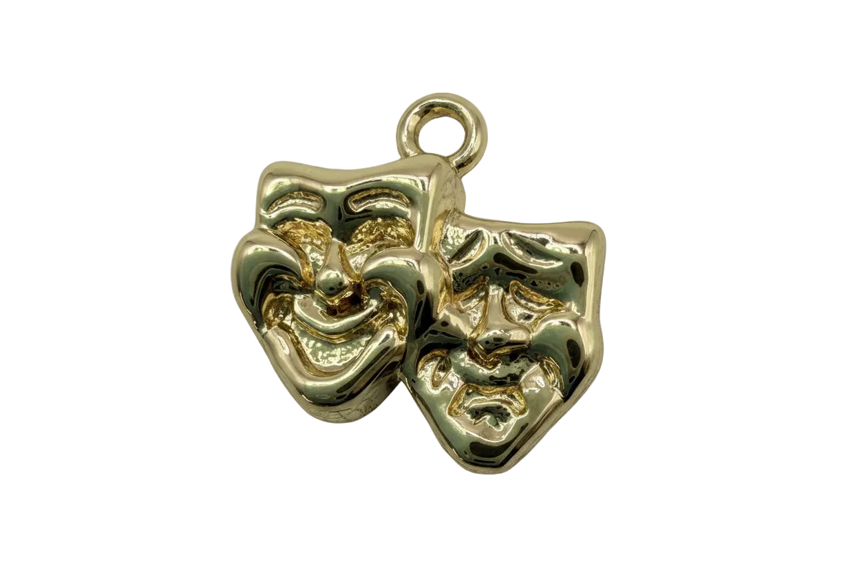 Polished gold comedy and tragedy theatre masks charm with sculpted facial details