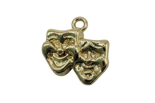 Polished gold comedy and tragedy theatre masks charm with sculpted facial details