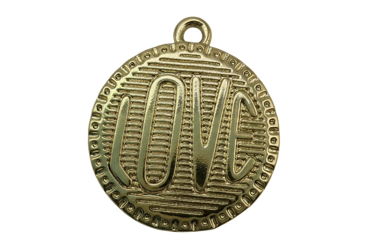 Gold round coin with raised LOVE lettering, ridged texture, and beaded border