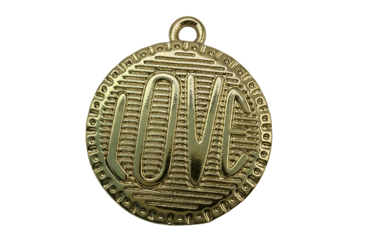 Gold round coin with raised LOVE lettering, ridged texture, and beaded border
