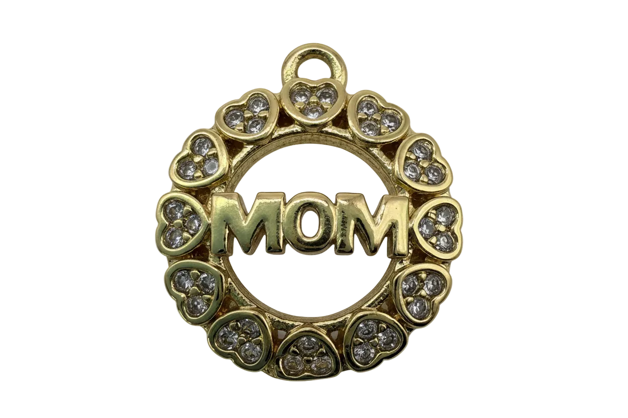 Gold MOM circle charm framed by heart shapes with clear crystal gems
