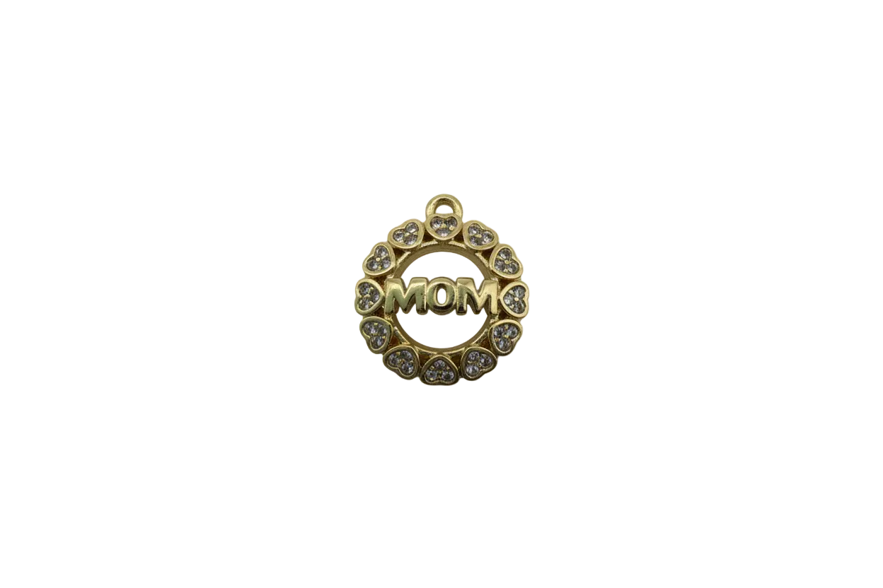 Gold MOM circle with heart halo and clear crystals
