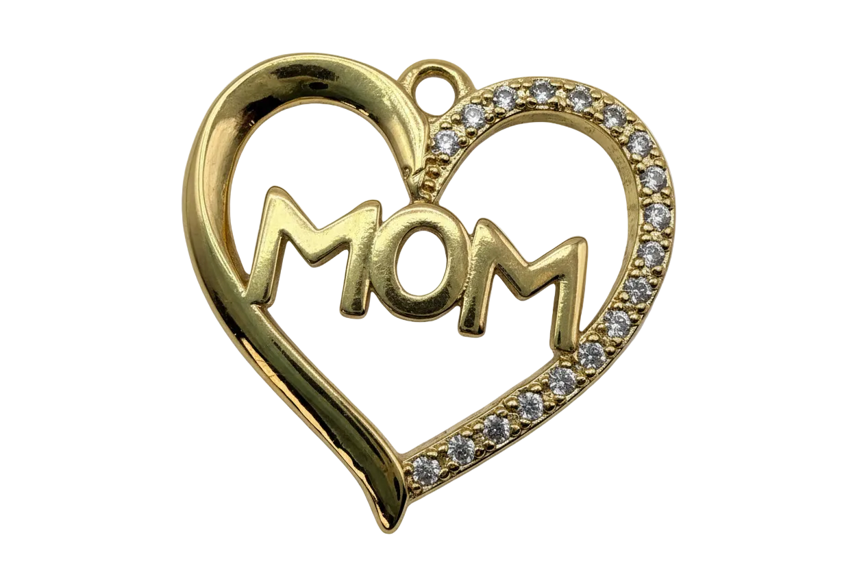 Gold heart outline with MOM lettering and clear pavé stones along one side