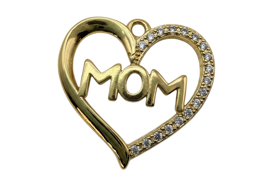 Gold heart outline with MOM lettering and clear pavé stones along one side