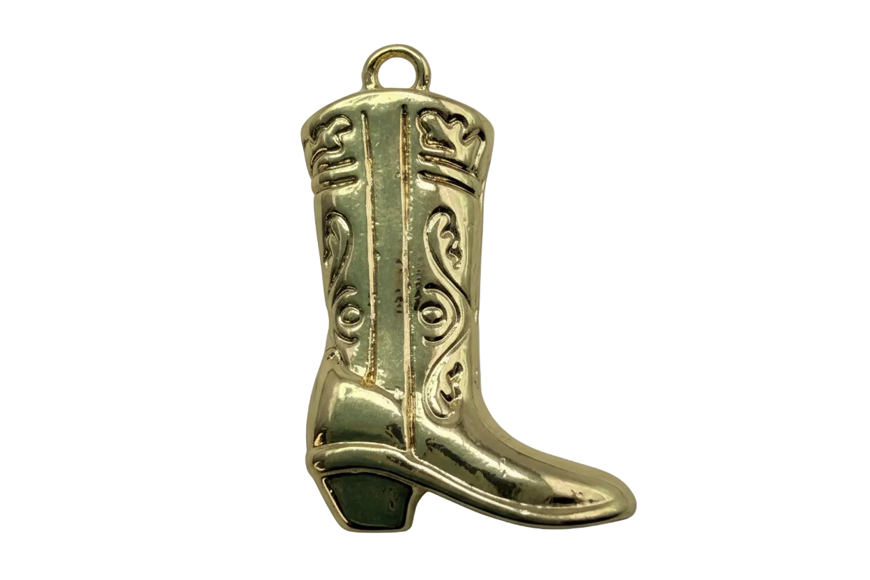 Glossy gold engraved cowboy boot pendant with raised scrollwork detailing
