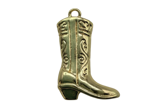 Glossy gold engraved cowboy boot pendant with raised scrollwork detailing