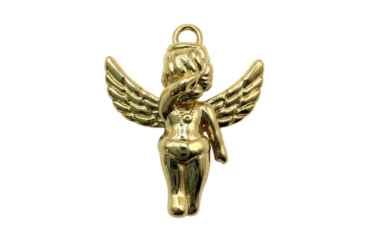 Polished gold winged puppy figure with raised feathered wings