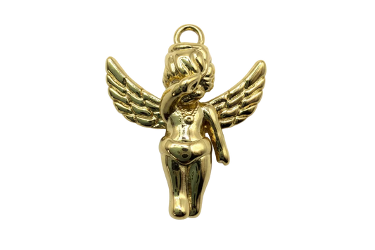 Polished gold winged puppy figure with raised feathered wings