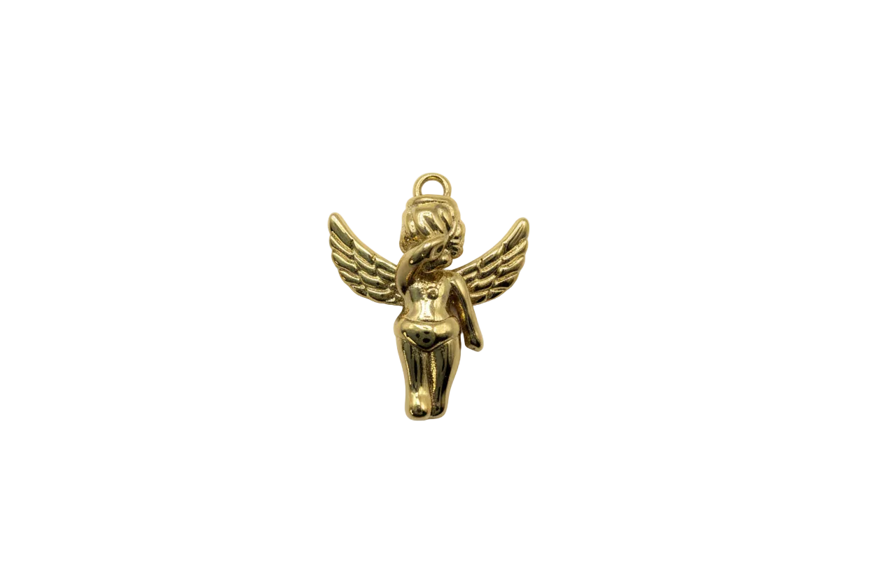 Gold winged puppy figure with feathered wings