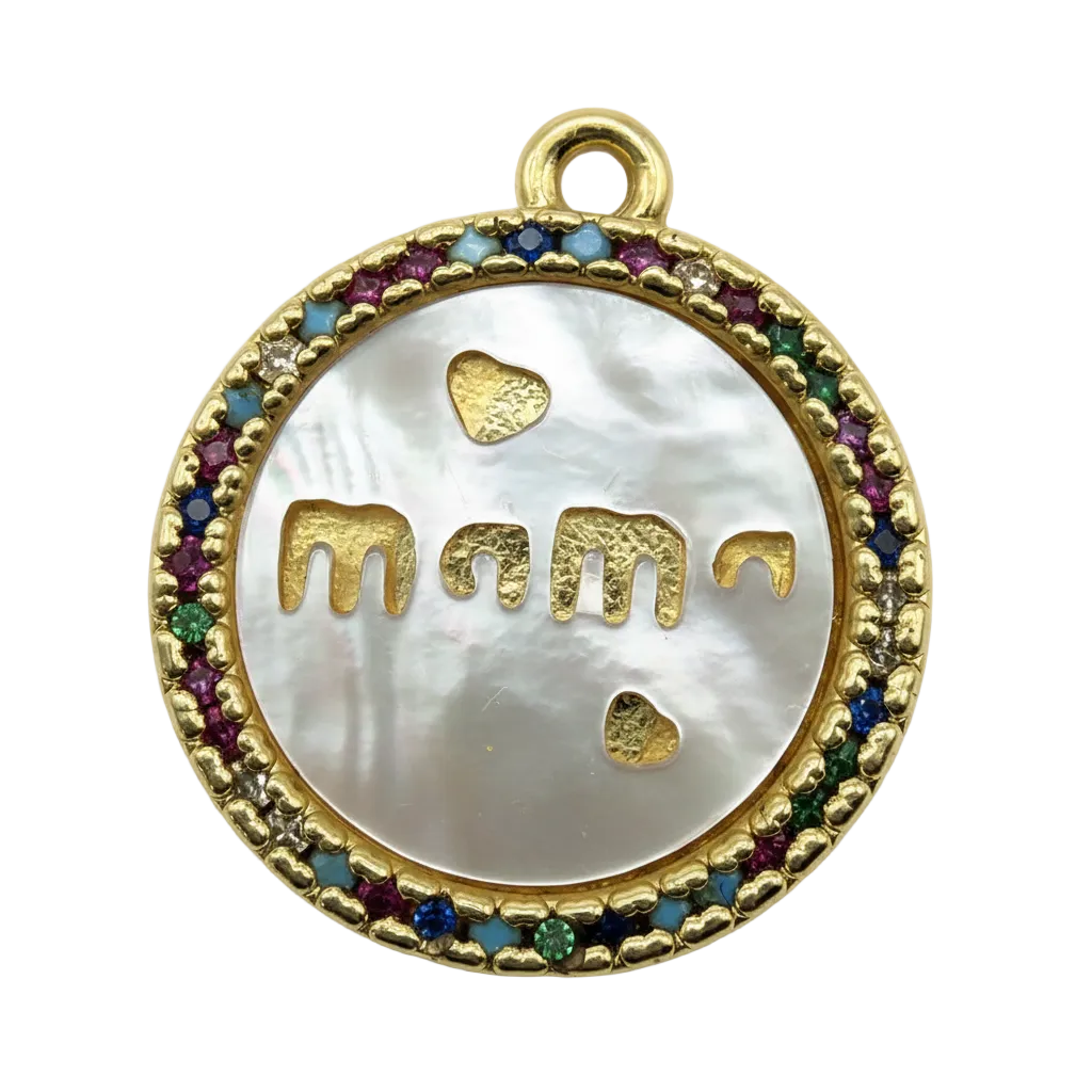 Round gold medallion with mother-of-pearl face, cutout mama and hearts, and a multicolor crystal border