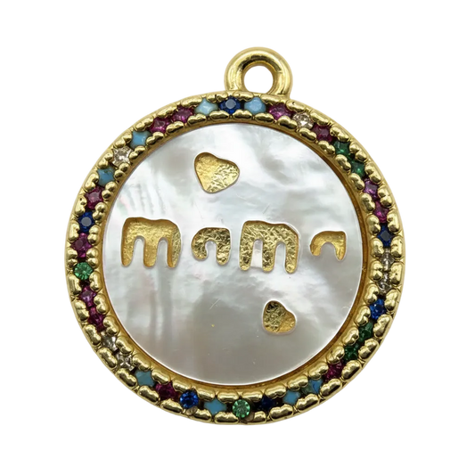 Round gold medallion with mother-of-pearl face, cutout mama and hearts, and a multicolor crystal border