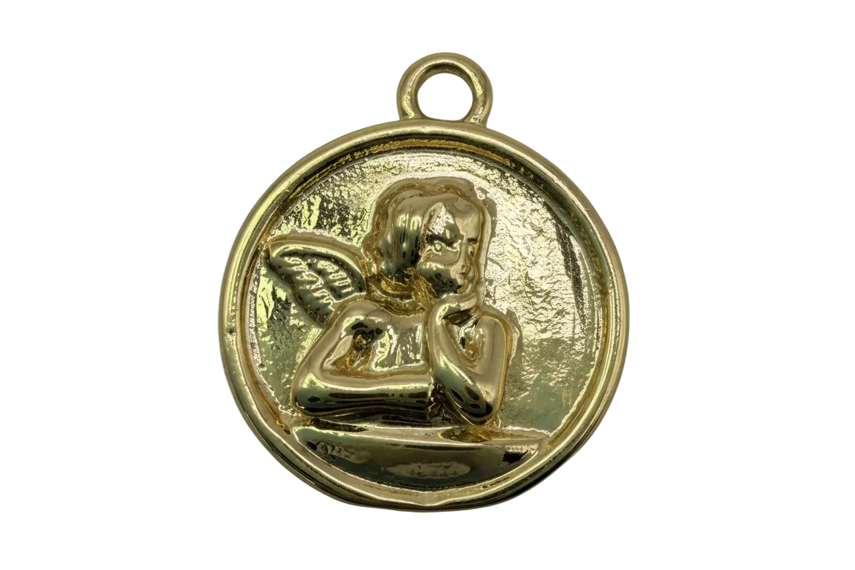 Polished gold round medallion with raised cherub angel relief