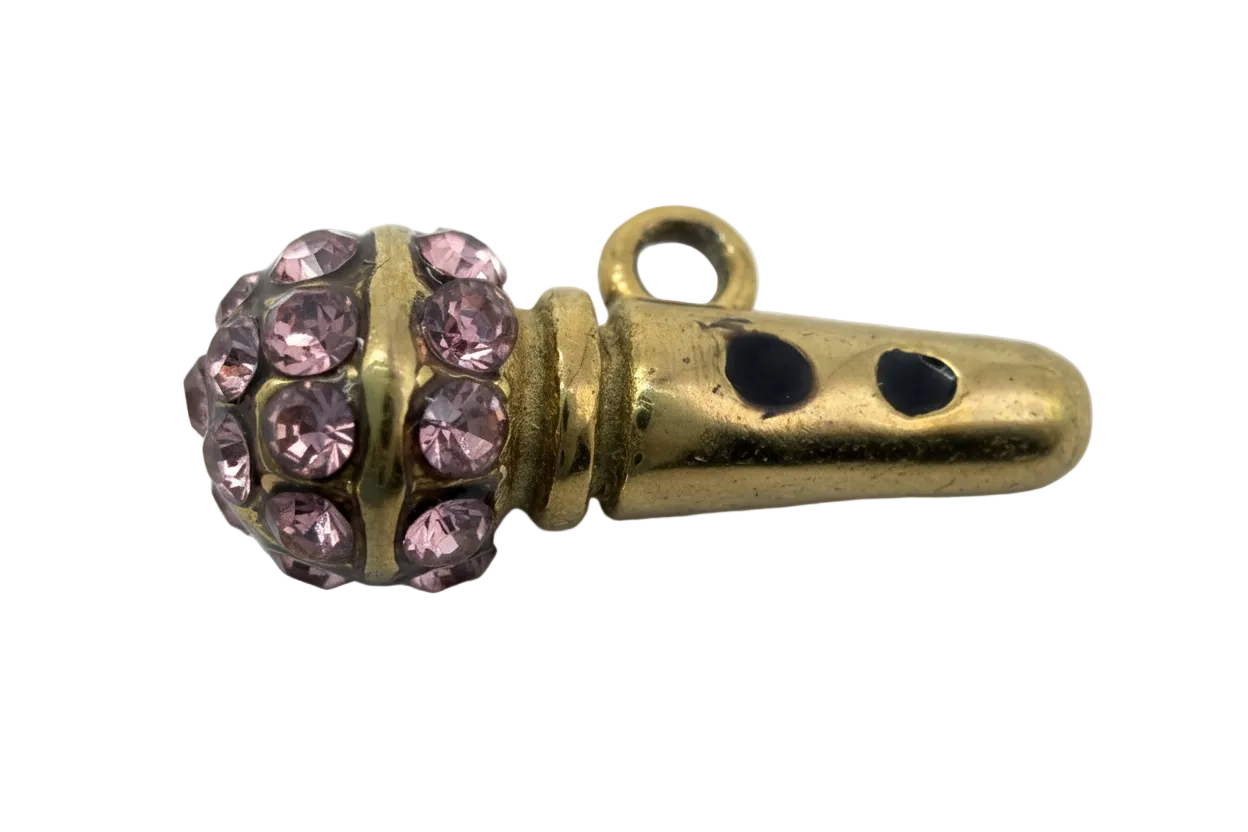 Gold microphone charm with lavender crystals and black spot accents