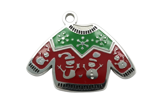 Red and green enamel holiday sweater with silver finish and snowflake detailing