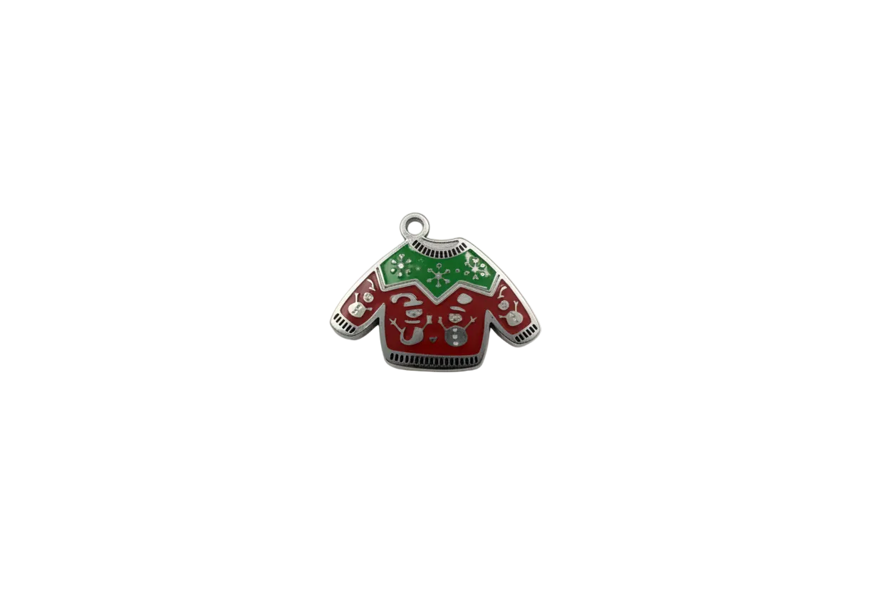 Red and green enamel holiday sweater with silver detailing