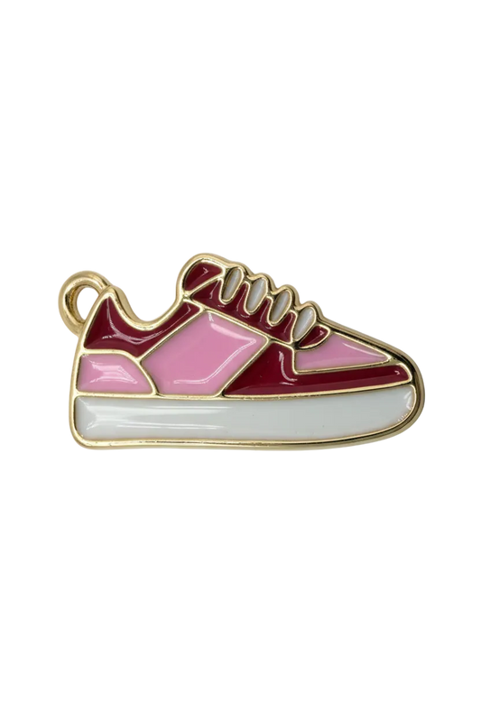 Geometric thumbs up hand charm in pink, red, and ivory enamel with gold outline