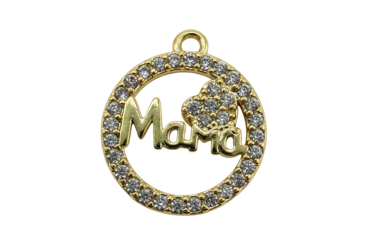 Gold pavé circle charm with clear stones, “Mama” script, and a small heart accent