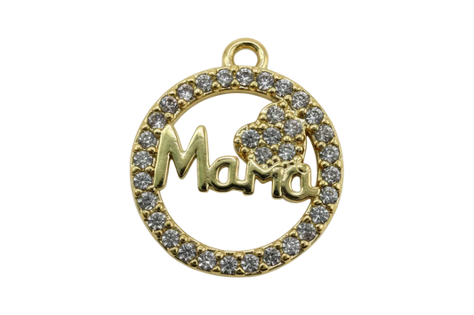 Gold pavé circle charm with clear stones, “Mama” script, and a small heart accent