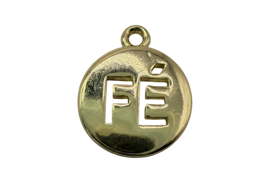 Polished gold round coin charm with raised FE initials and ivory speckled inlay