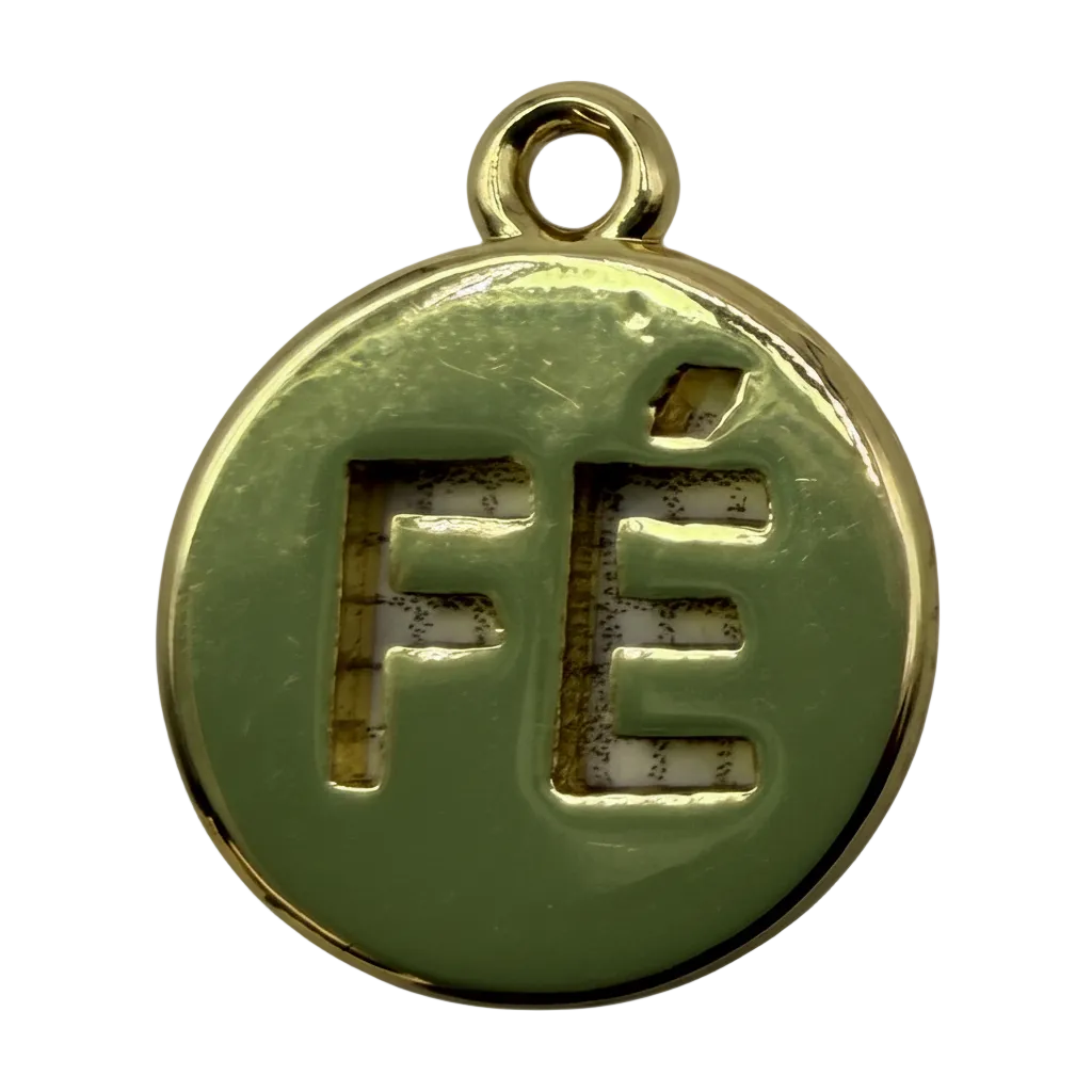 Round green enamel medallion with raised gold FE initials and polished gold border