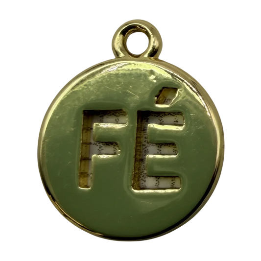 Round green enamel medallion with raised gold FE initials and polished gold border