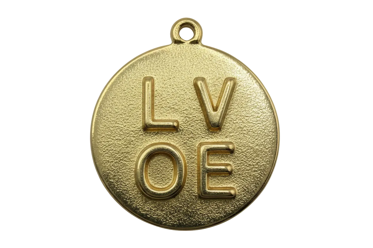 Gold round coin charm with raised LOVE lettering and glossy textured finish