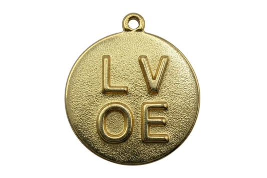 Gold round coin charm with raised LOVE lettering and glossy textured finish