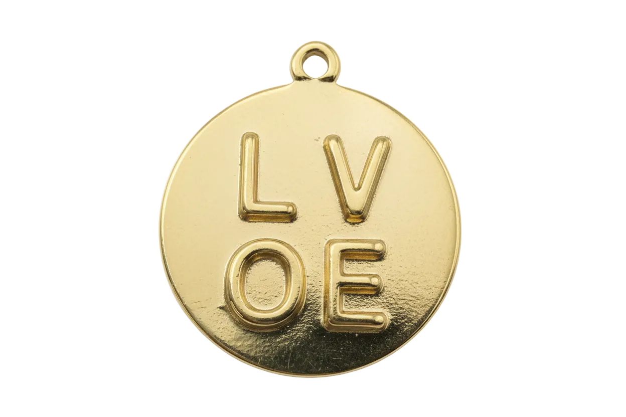 Gold round medallion with raised LOVE lettering on a textured background