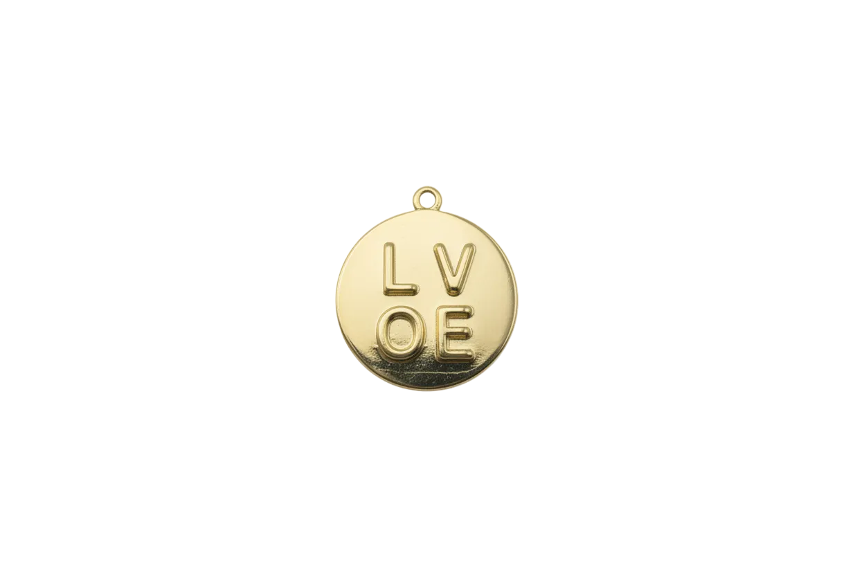 Gold LOVE medallion with raised lettering