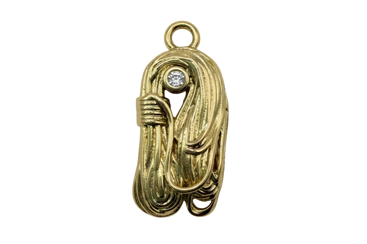 Polished gold coiled rope and carabiner charm with a clear gem accent