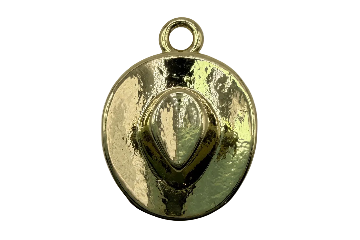Hammered gold round medallion with raised map-pin symbol