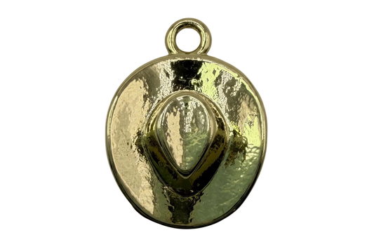 Hammered gold round medallion with raised map-pin symbol
