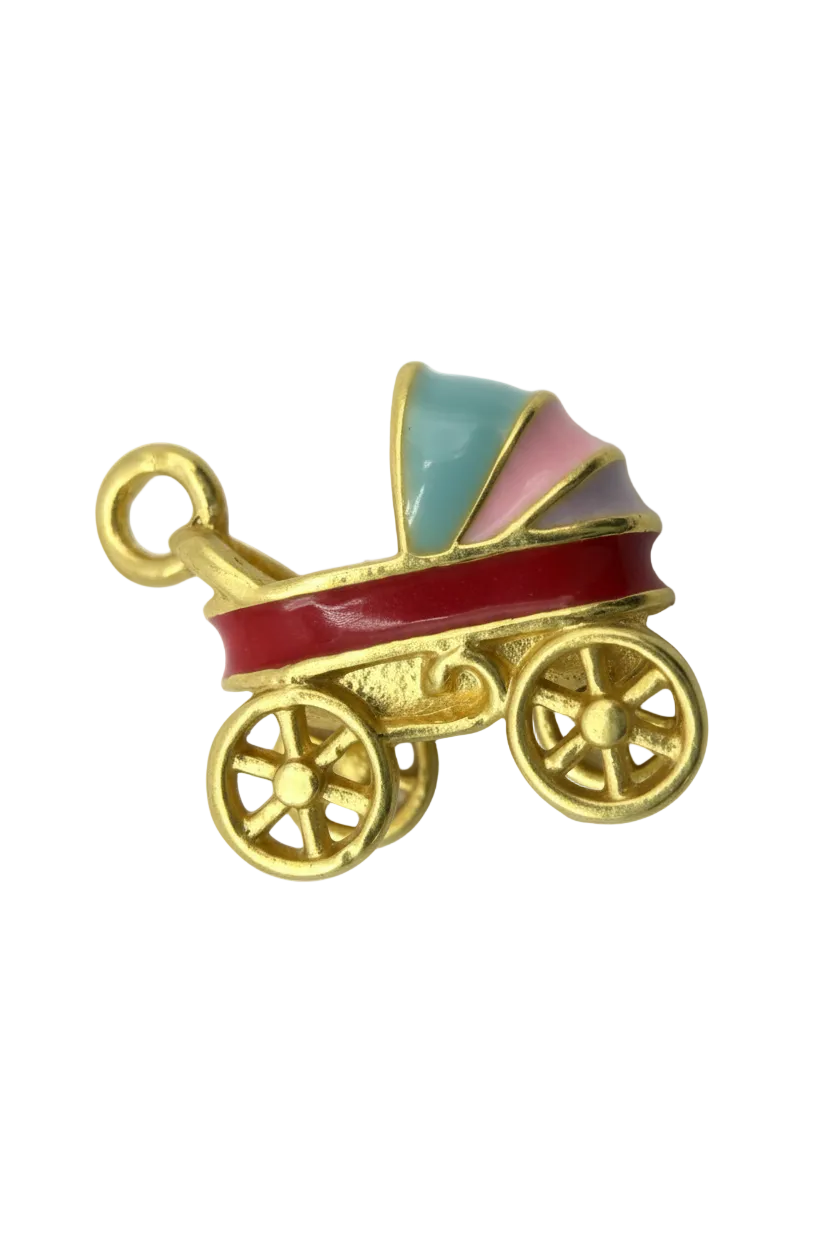 Gold baby stroller charm with red enamel body and pastel blue, pink, and lavender accents