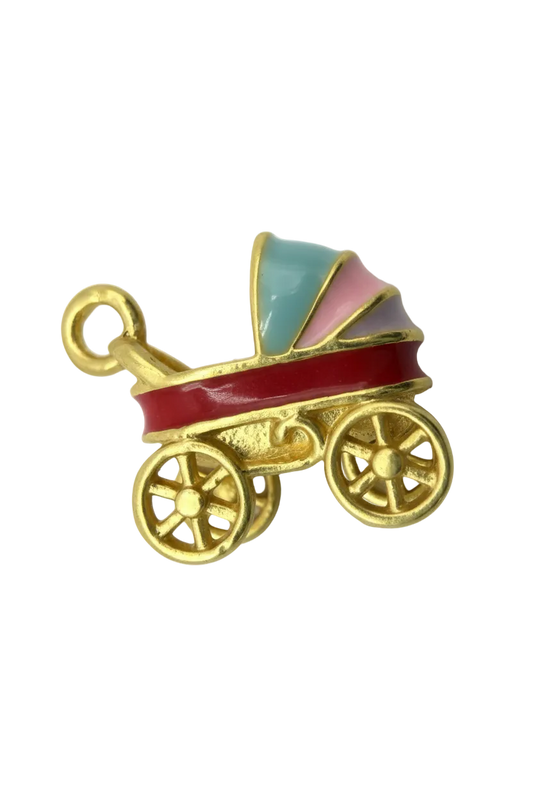 Gold baby stroller charm with red enamel body and pastel blue, pink, and lavender accents