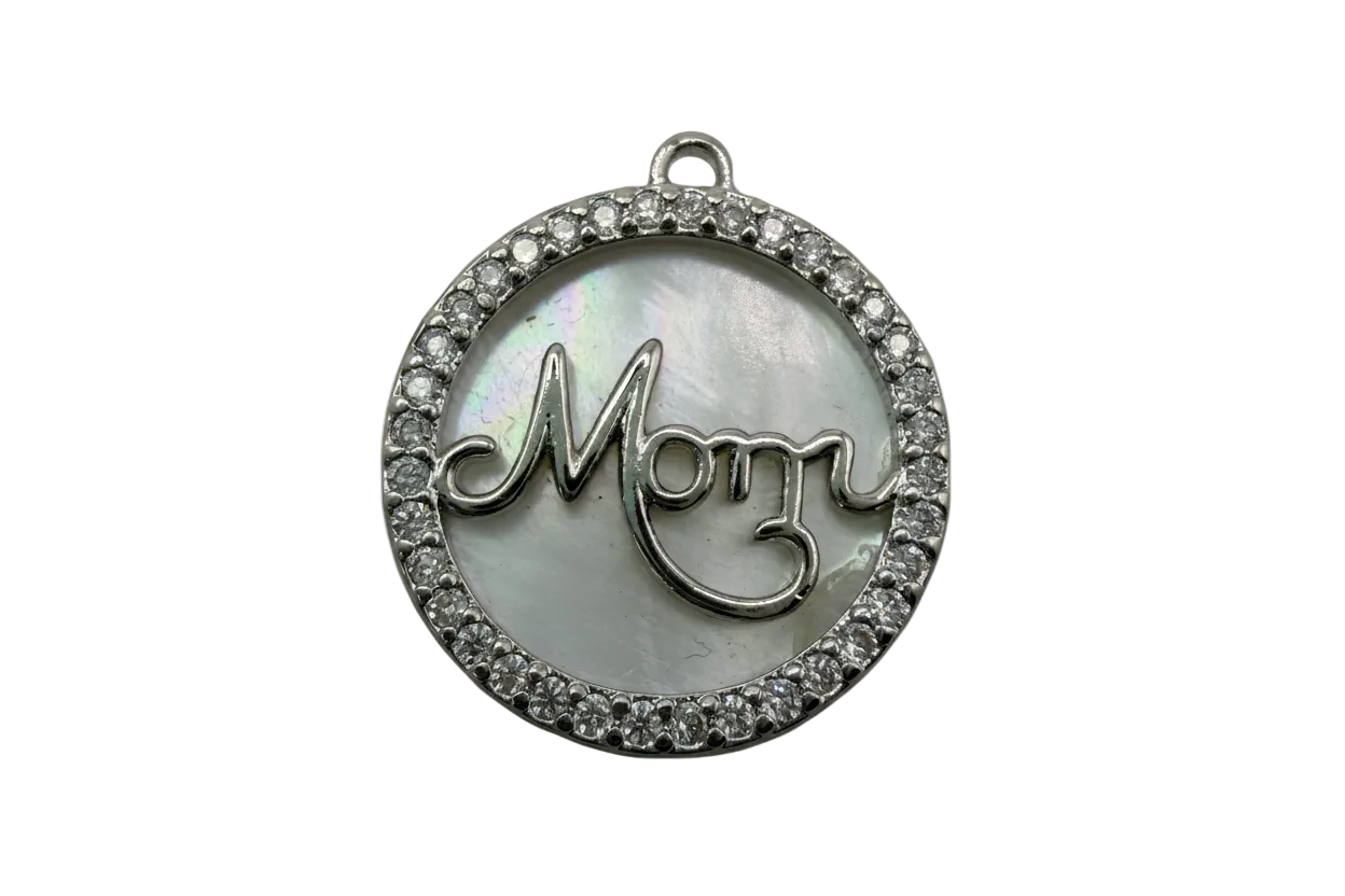 Round silver mom medallion with iridescent pearl-like inlay and clear crystal halo