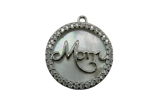 Round silver mom medallion with iridescent pearl-like inlay and clear crystal halo